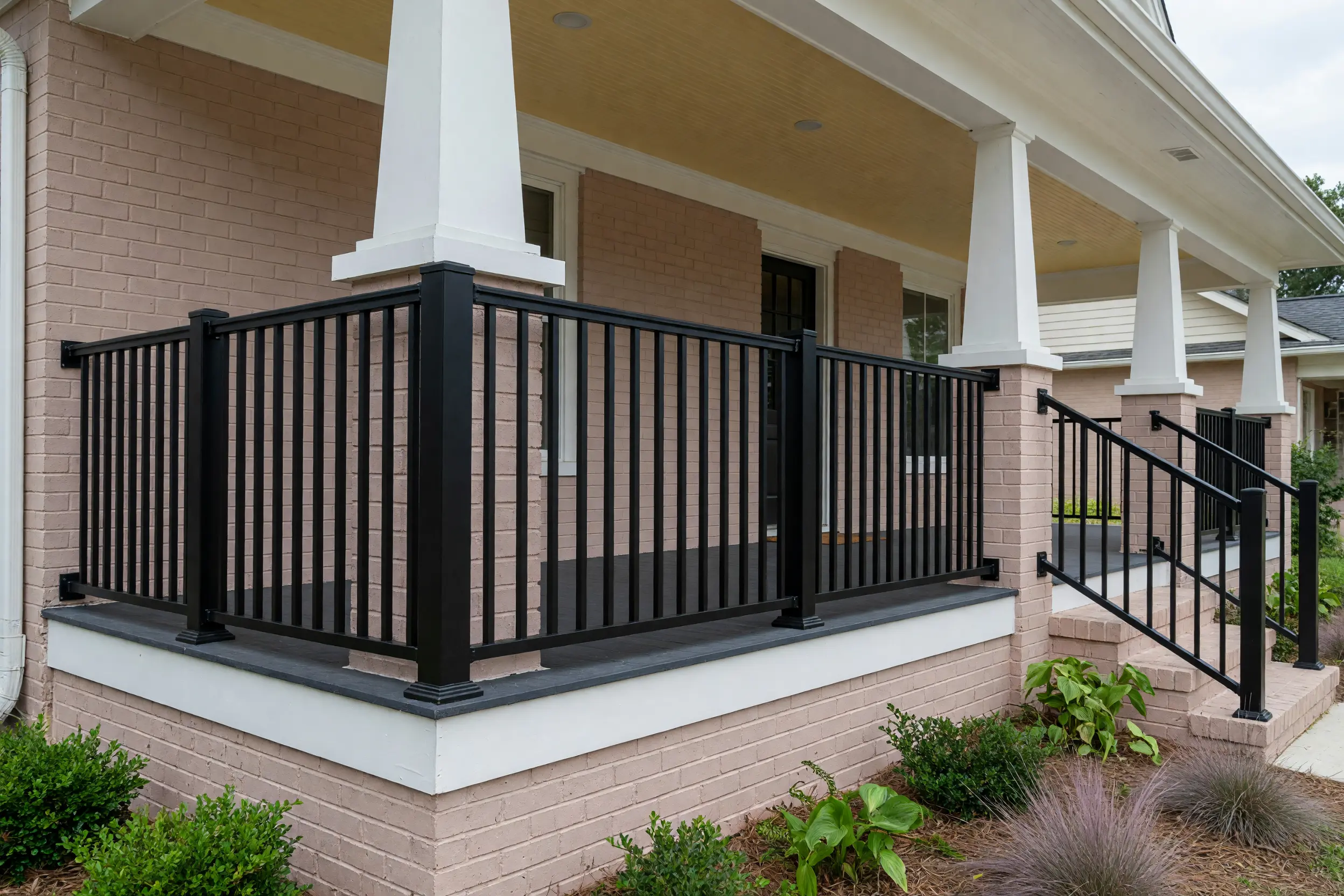 Satin black aluminum porch railing across a renovated craftsman home