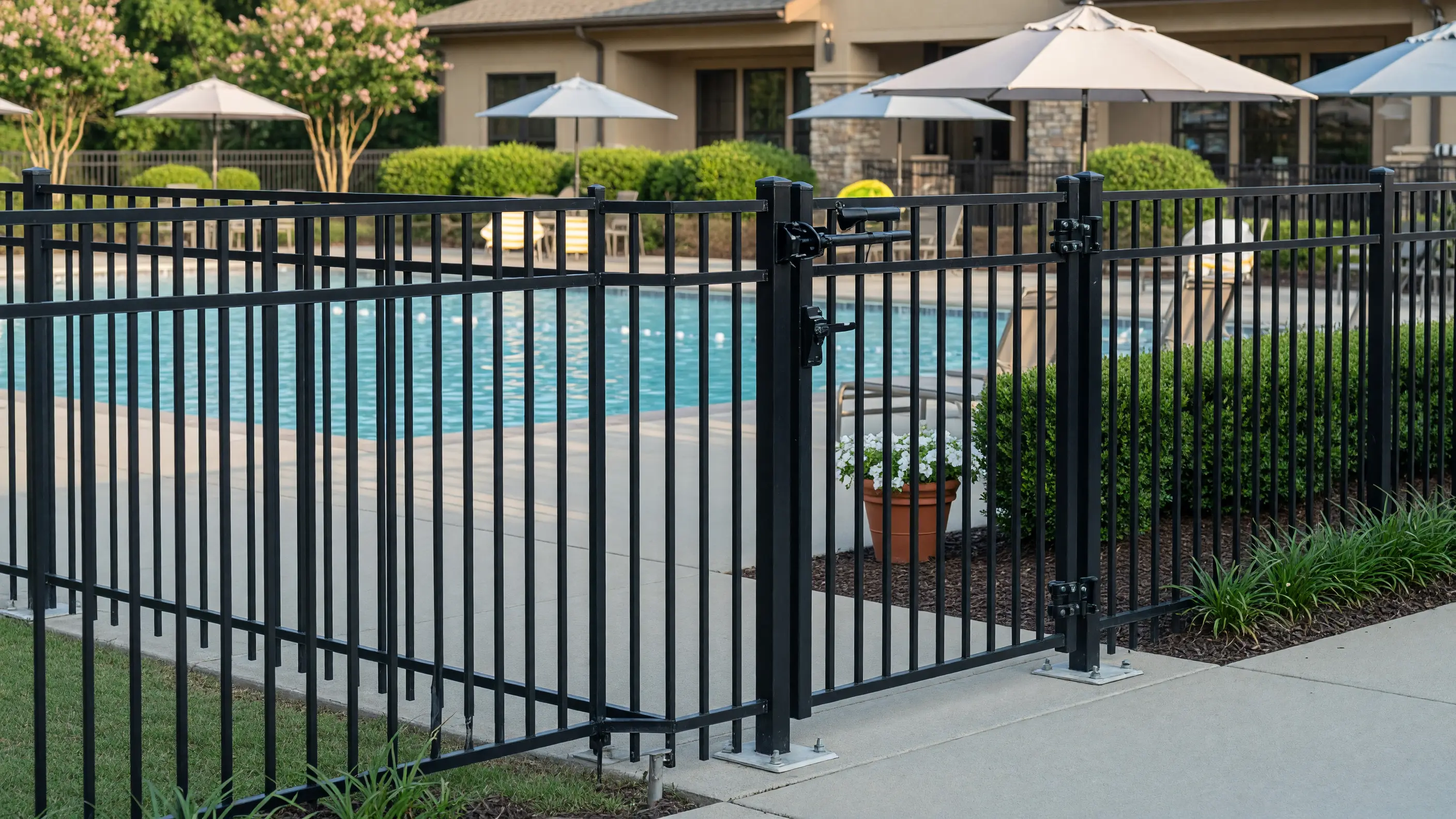 Black steel pool enclosure fencing with a self-closing gate at a community clubhouse pool