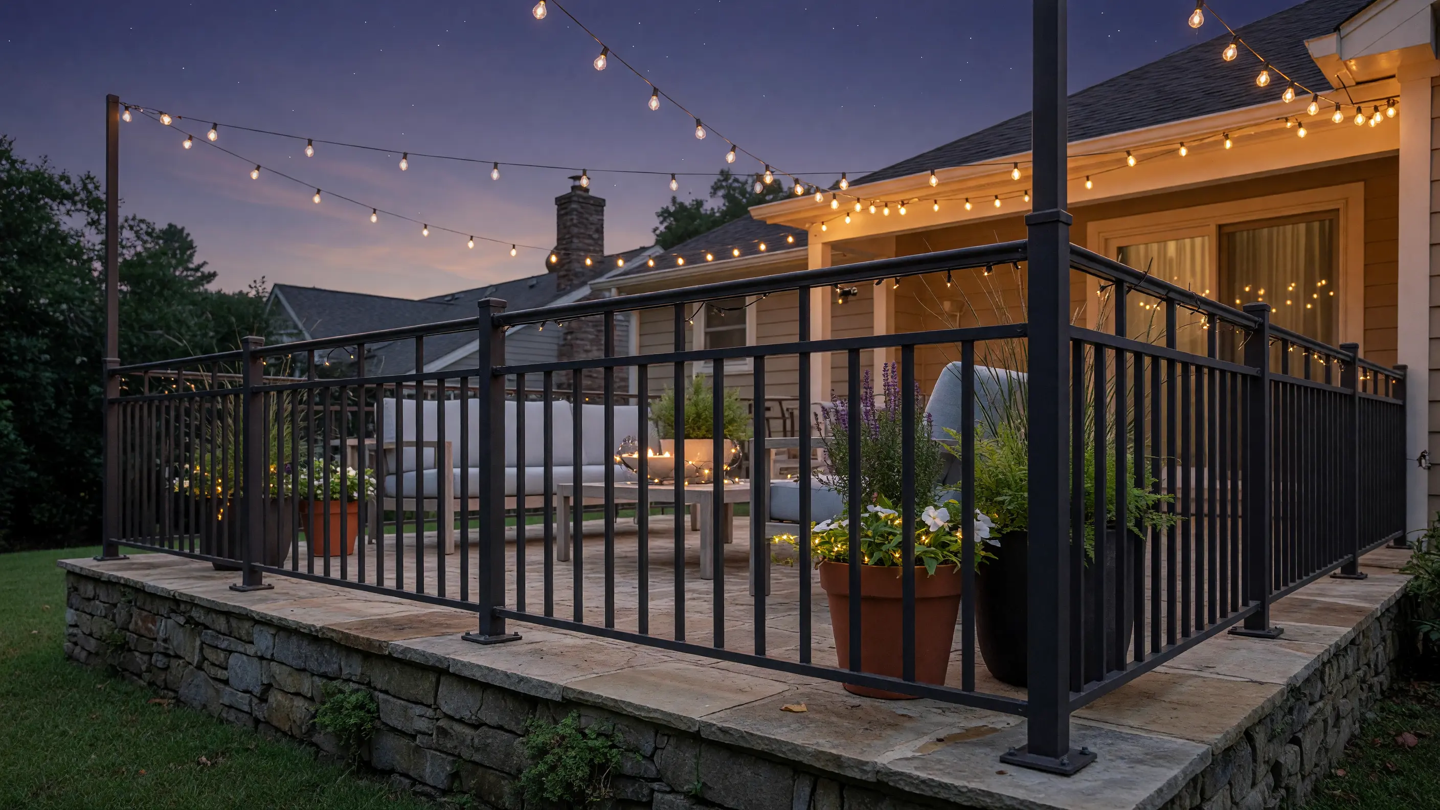 Powder-coated steel railing enclosing a stone back patio under warm string lights at dusk