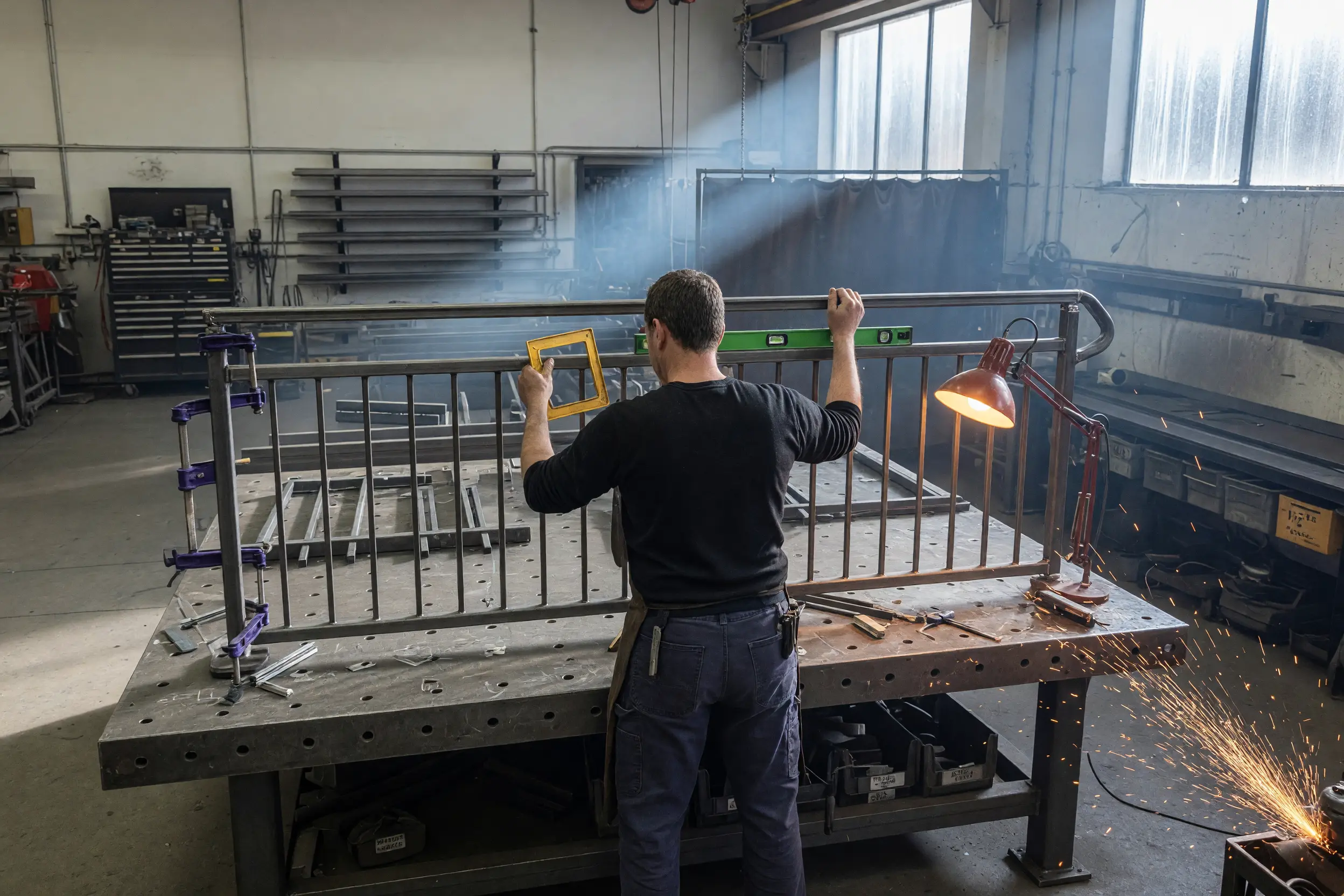 Experienced fabricator checking a railing assembly at a fixture table