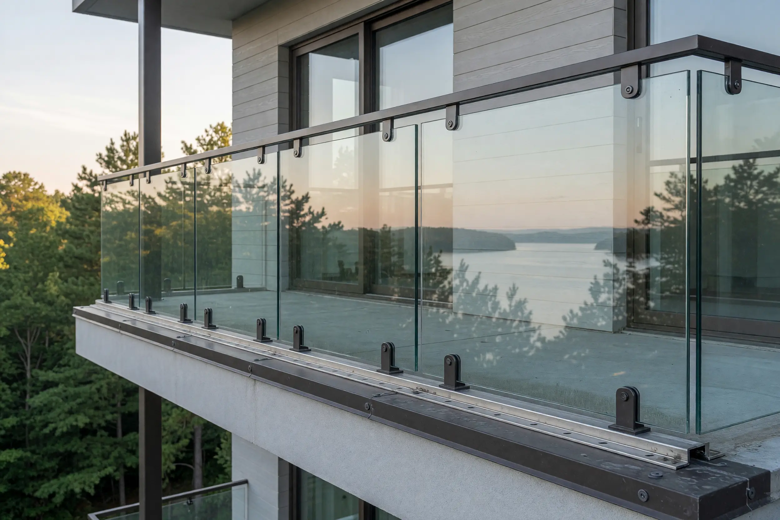 Frameless glass balcony guard with a slim dark metal top rail