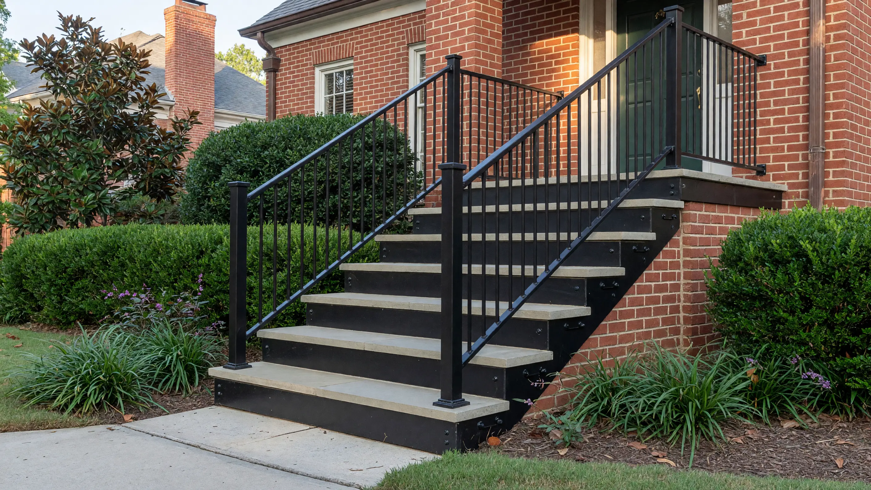 Custom black steel entry railing on a refined brick Charlotte home