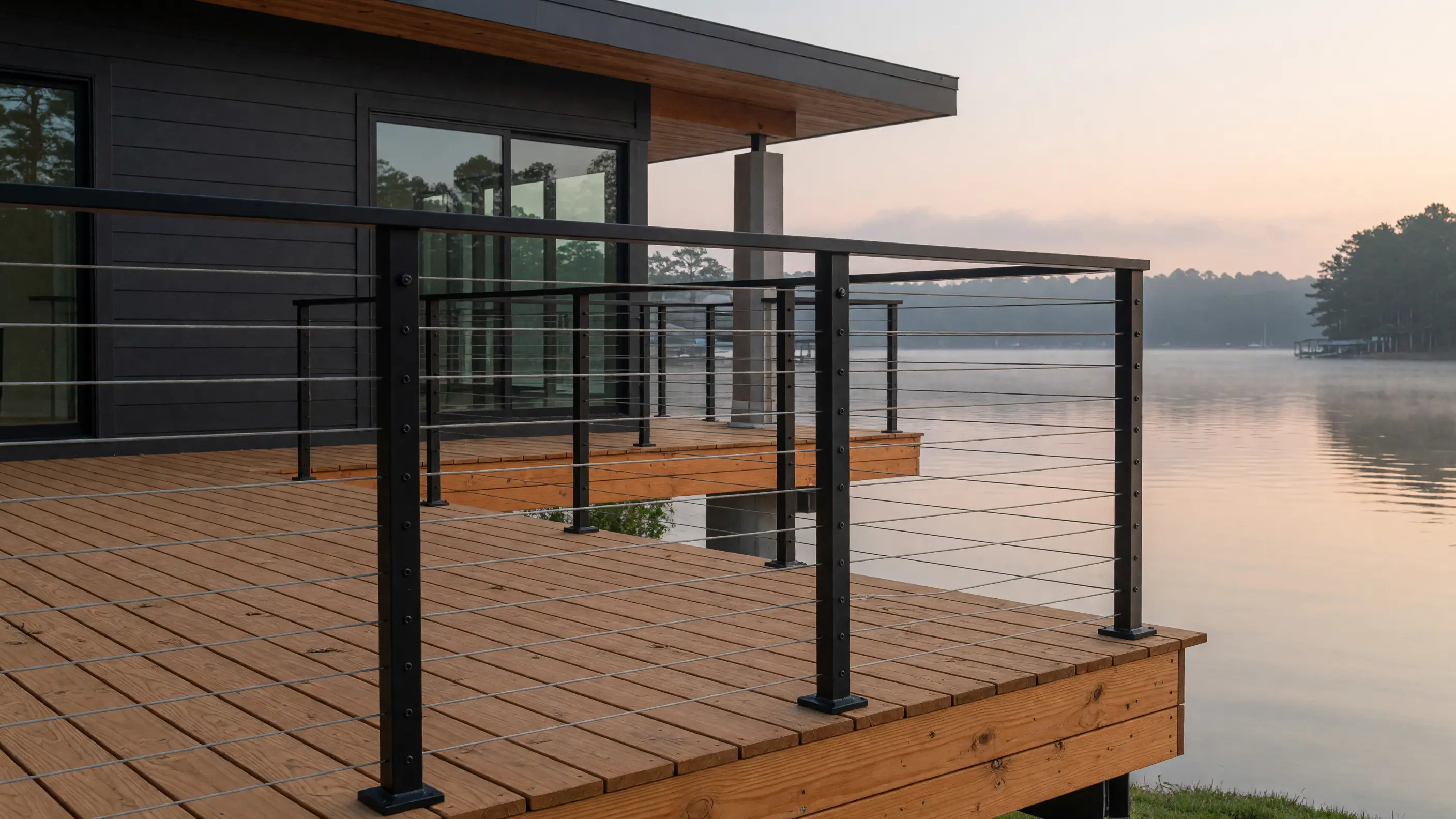 Black cable railing framing a Lake Norman deck at first light