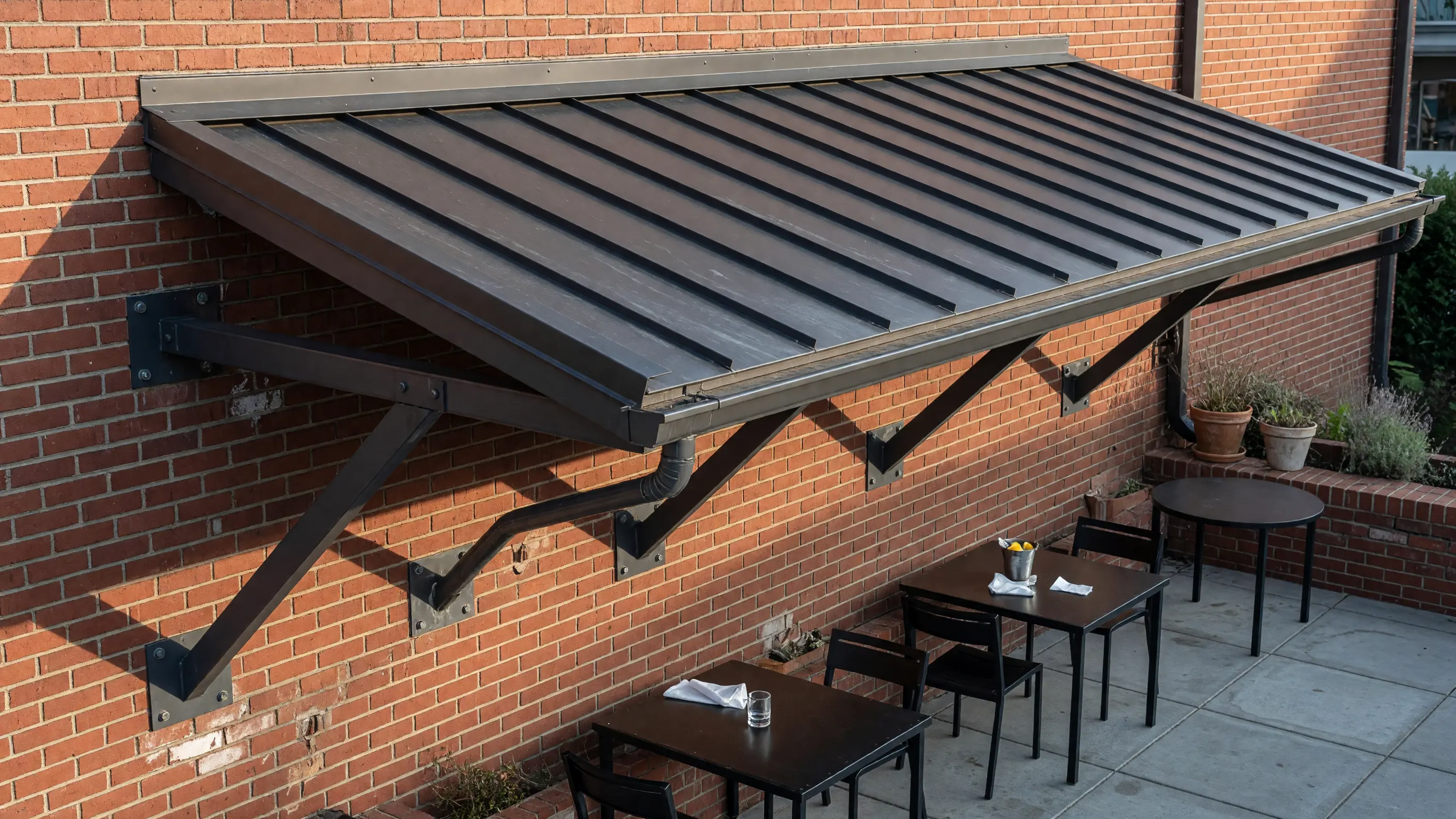 Fixed standing-seam metal awning shading a modern restaurant patio