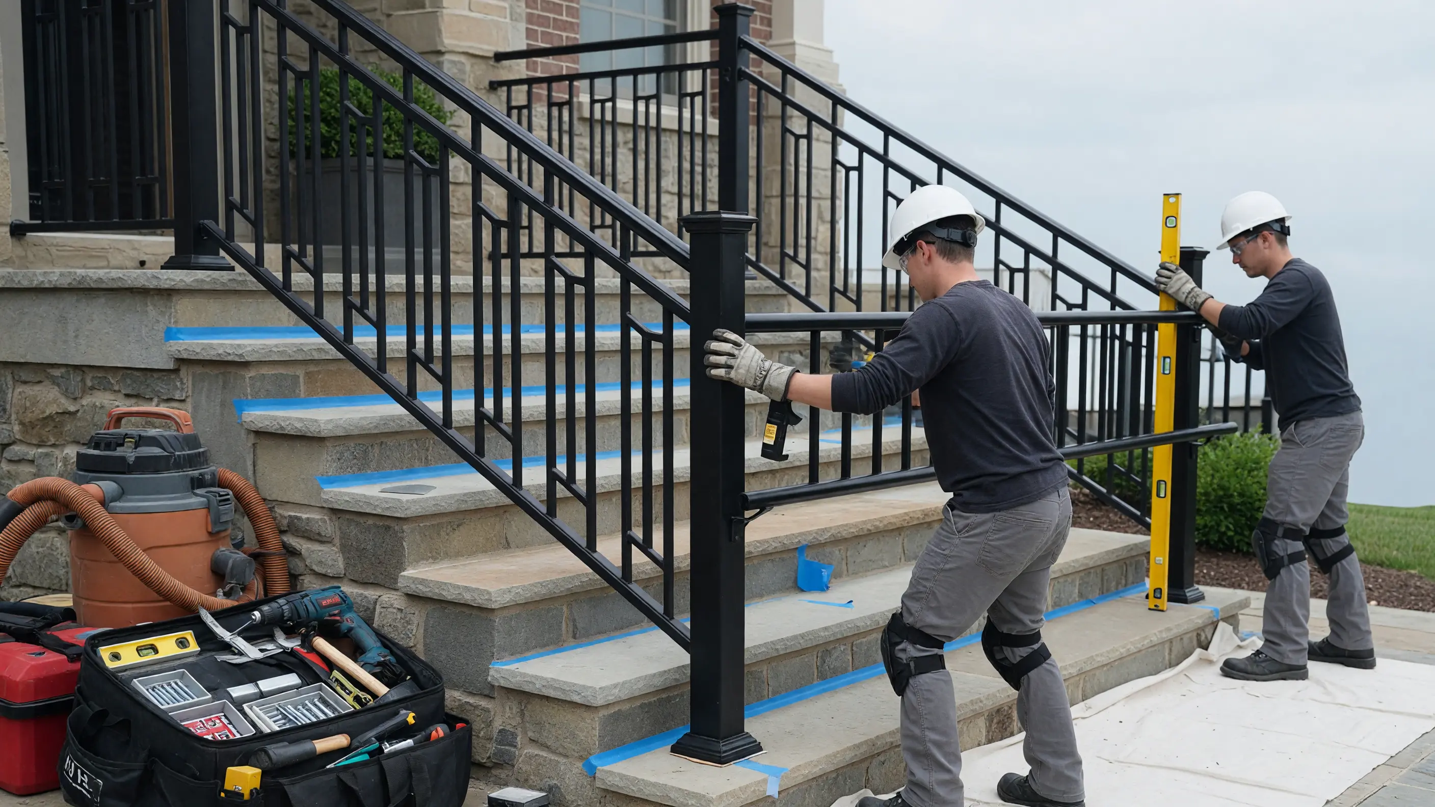 Two installers positioning a custom railing on a prepared stone stair