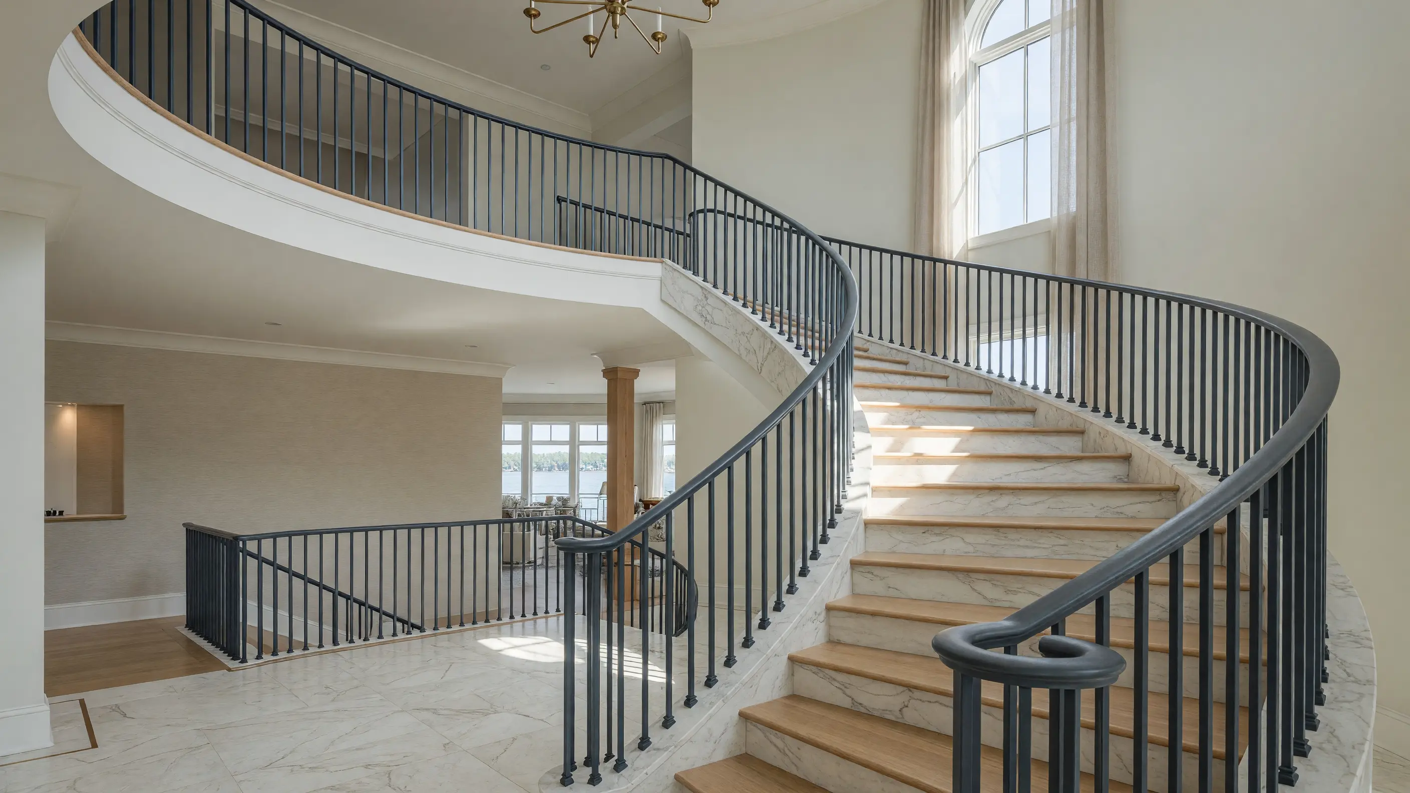 Curved powder-coated steel railing following a sweeping staircase in a bright two-story foyer