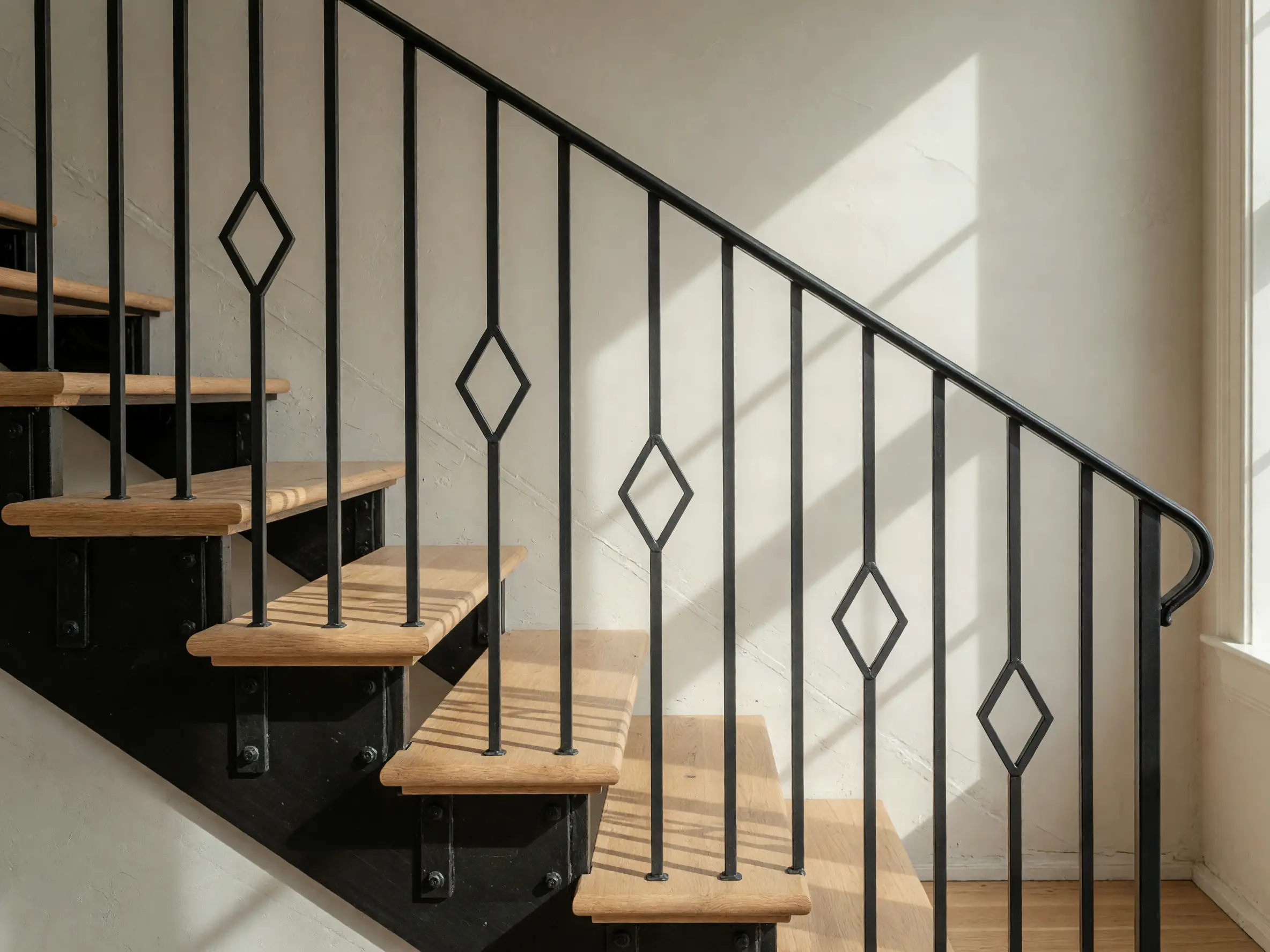 Custom iron stair balustrade casting narrow shadows across white oak treads