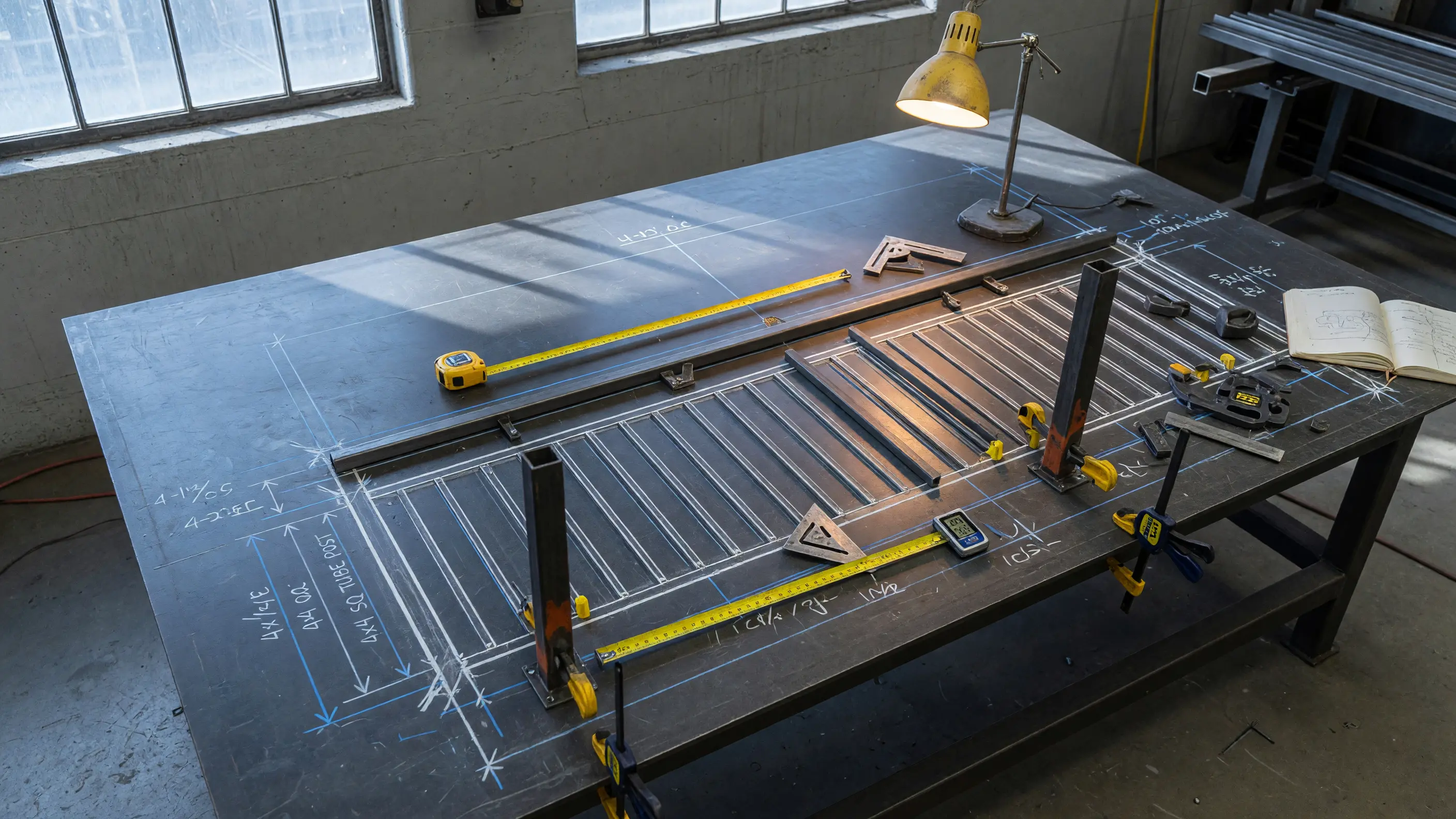 Railing components laid out for measured fabrication
