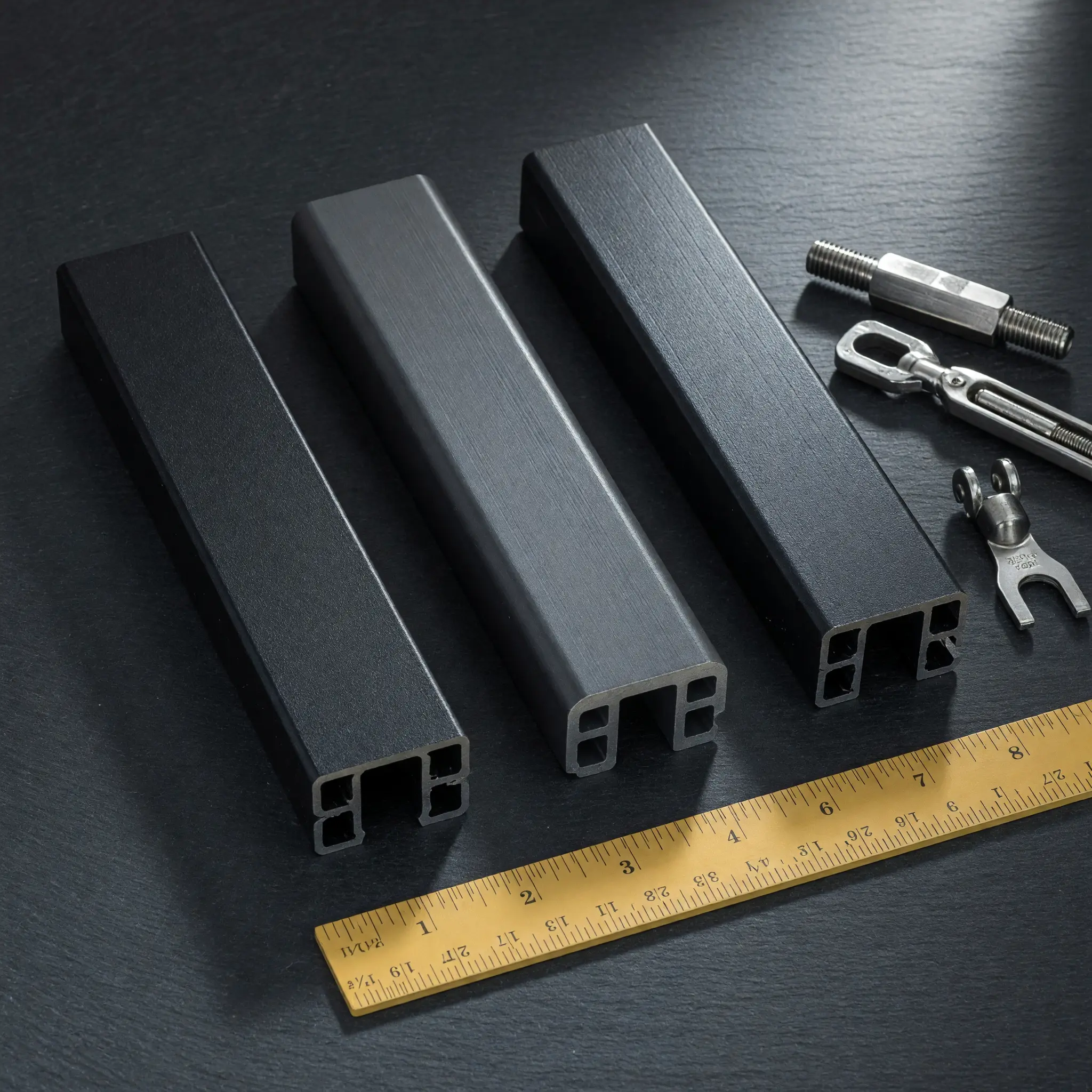 Satin powder-coated aluminum samples beside stainless cable hardware