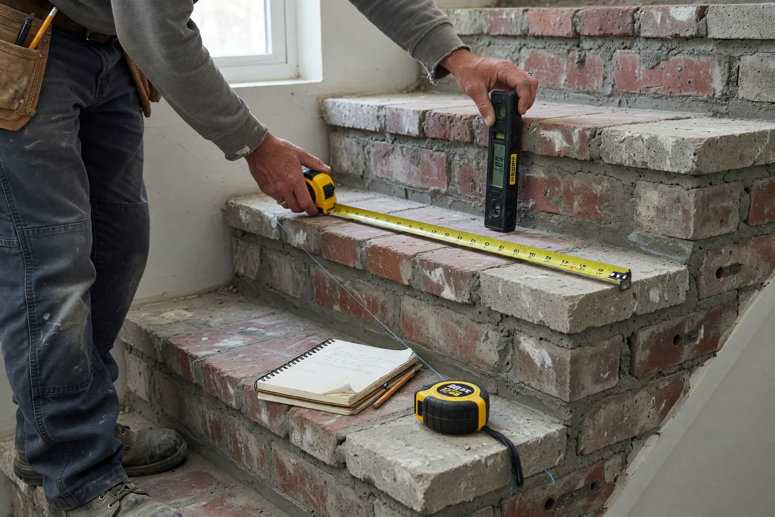 Fabricator measuring a masonry stair for a custom handrail