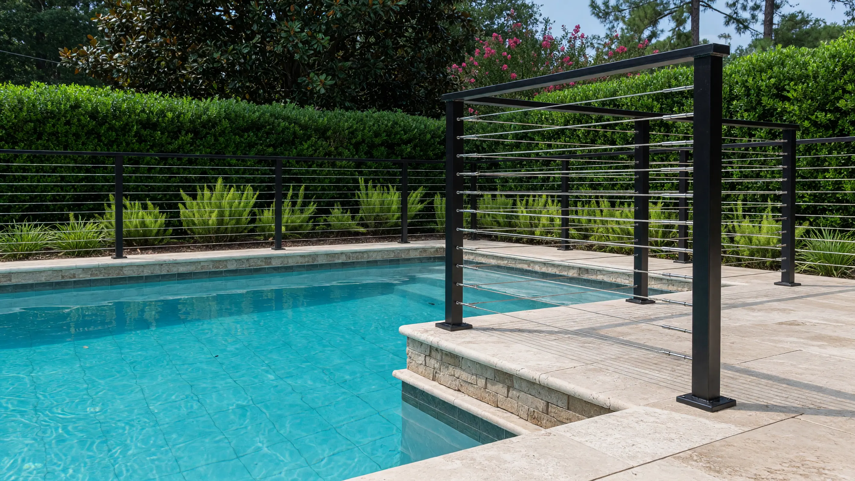 Black steel-post cable railing wrapping a raised pool deck on a bright Carolina summer day
