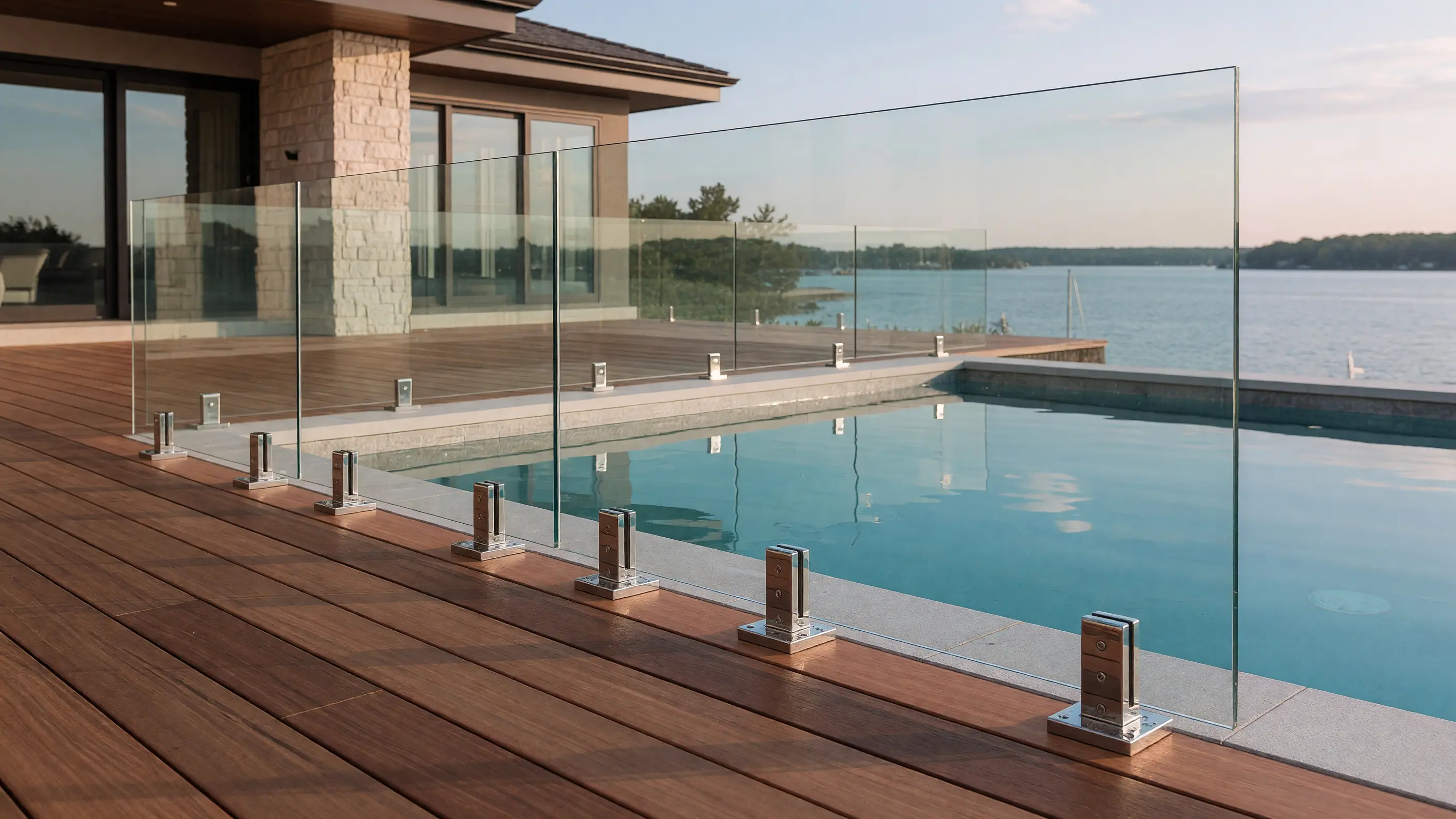 Frameless glass pool guard with polished stainless clamps around a modern backyard pool terrace