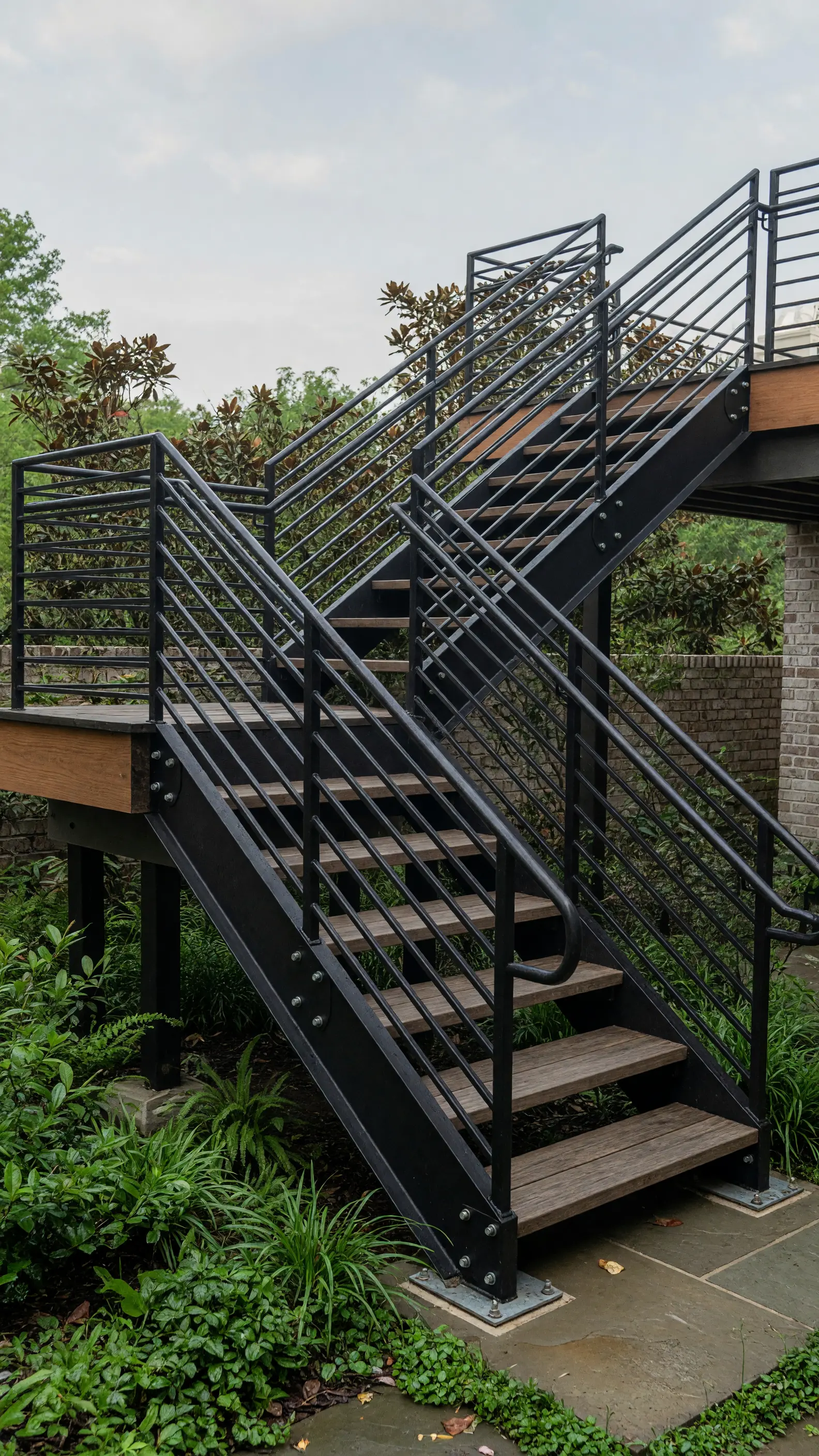 Black exterior steel staircase descending from a raised deck to a garden